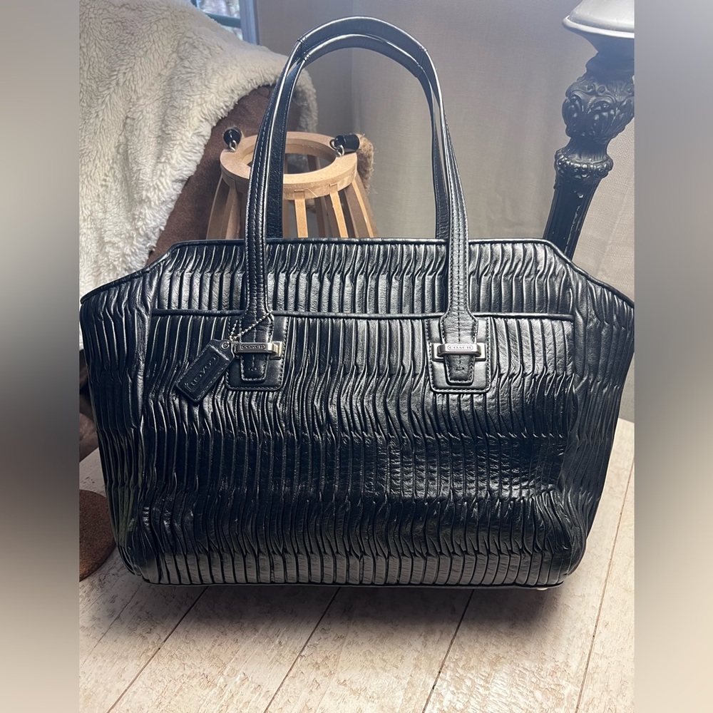 Coach Taylor Gathered Leather Alexis Carryall Tote Black Shoulder Handbag